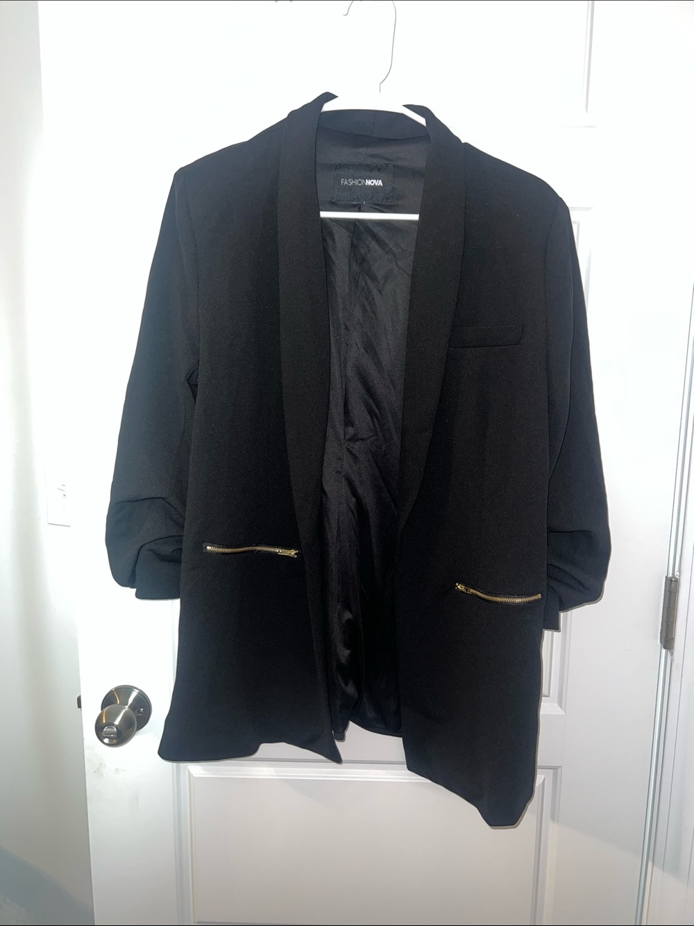 Fashion Nova Black Open-Front Blazer with Gold Zip Accents